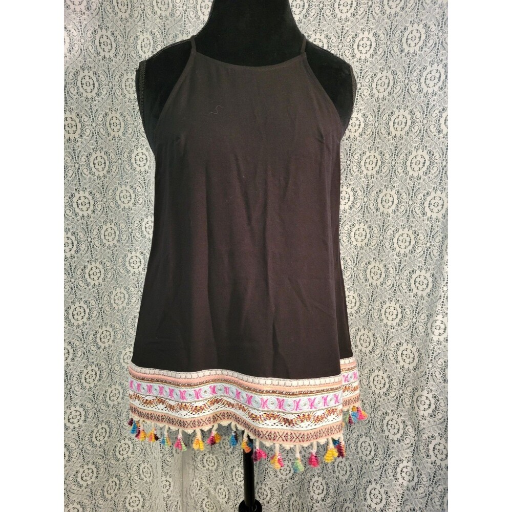 Entro Boho Embroidered Halter Tank  Tassel Fringe Black Size Large